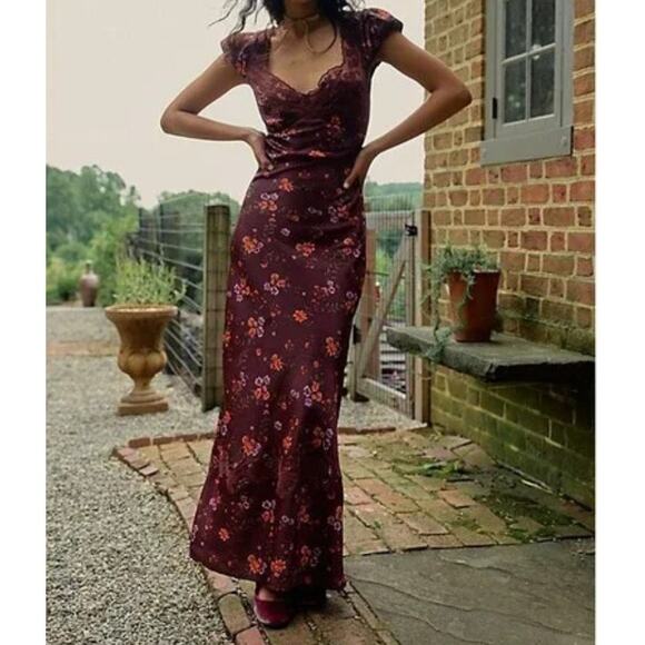 Free People Butterfly Babe Cap Sleeve Midi Dress Satin Sml Fairy Cottage Regency - Picture 2 of 15